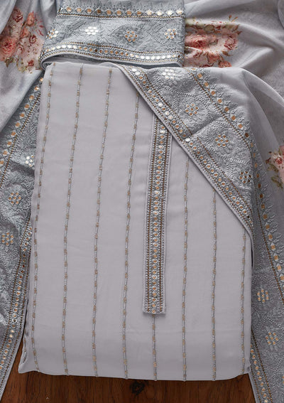 Light Grey Threadwork Georgette Designer Unstitched Salwar Suit - koskii