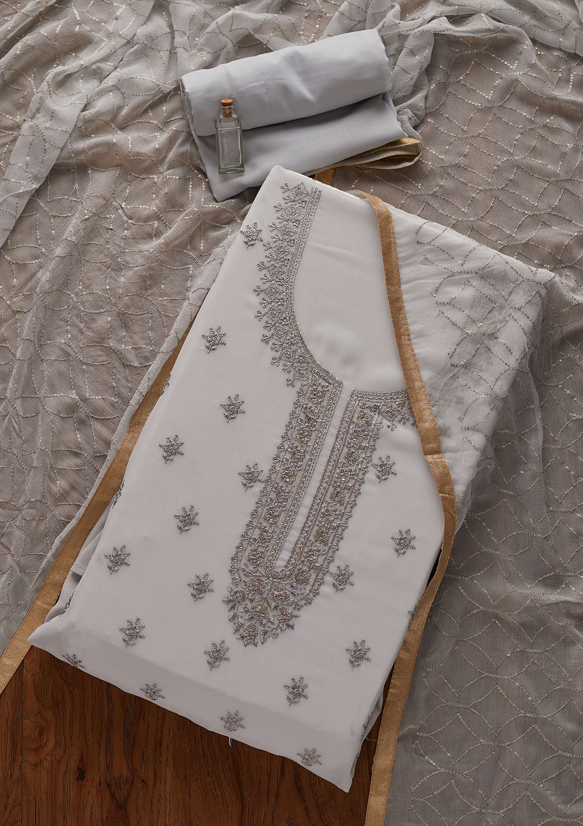 Light Grey Threadwork Georgette Designer Unstitched Salwar Suit - Koskii