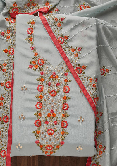 Light Grey Threadwork Georgette Unstitched Salwar Suit - Koskii