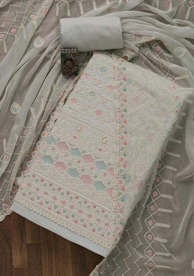 Light Grey Threadwork Georgette Unstitched Salwar Suit-Koskii