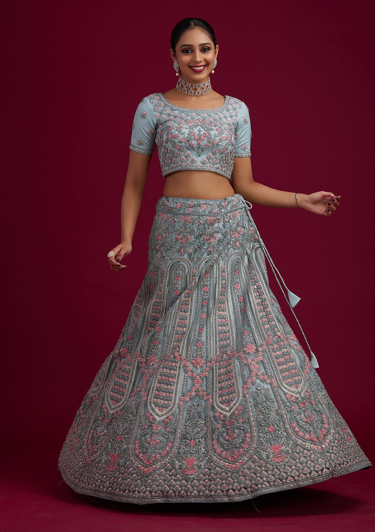 Light Grey Threadwork Net Designer Semi-Stitched Lehenga - koskii