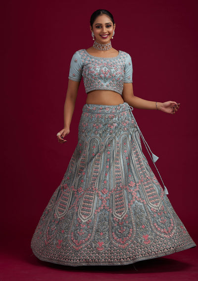 Light Grey Threadwork Net Designer Semi-Stitched Lehenga - koskii