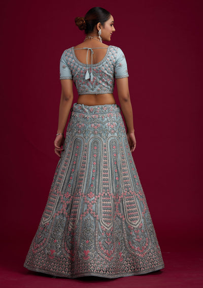 Light Grey Threadwork Net Designer Semi-Stitched Lehenga - koskii