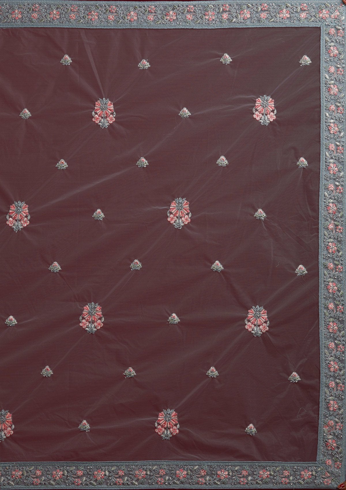 Light Grey Threadwork Net Designer Semi-Stitched Lehenga - koskii