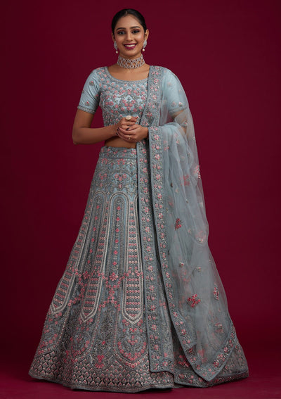 Light Grey Threadwork Net Designer Semi-Stitched Lehenga - koskii