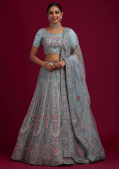 Light Grey Threadwork Net Designer Semi-Stitched Lehenga - koskii