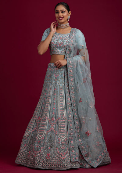 Light Grey Threadwork Net Designer Semi-Stitched Lehenga - koskii