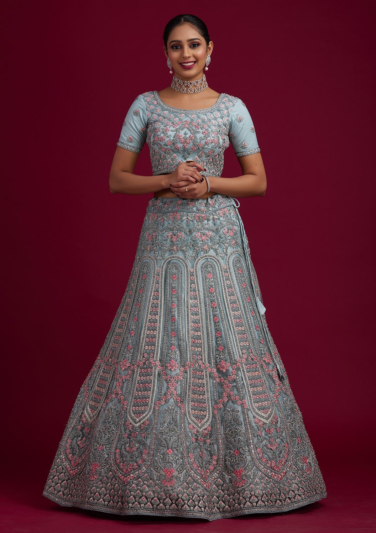 Light Grey Threadwork Net Designer Semi-Stitched Lehenga - koskii