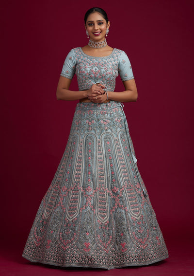 Light Grey Threadwork Net Designer Semi-Stitched Lehenga - koskii