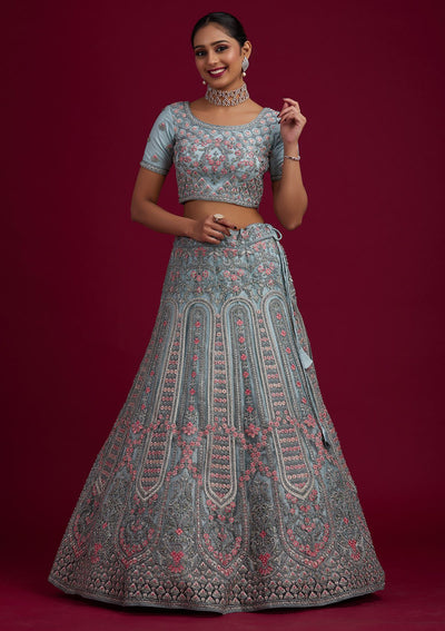 Light Grey Threadwork Net Designer Semi-Stitched Lehenga - koskii