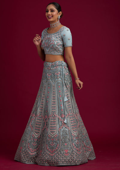 Light Grey Threadwork Net Designer Semi-Stitched Lehenga - koskii