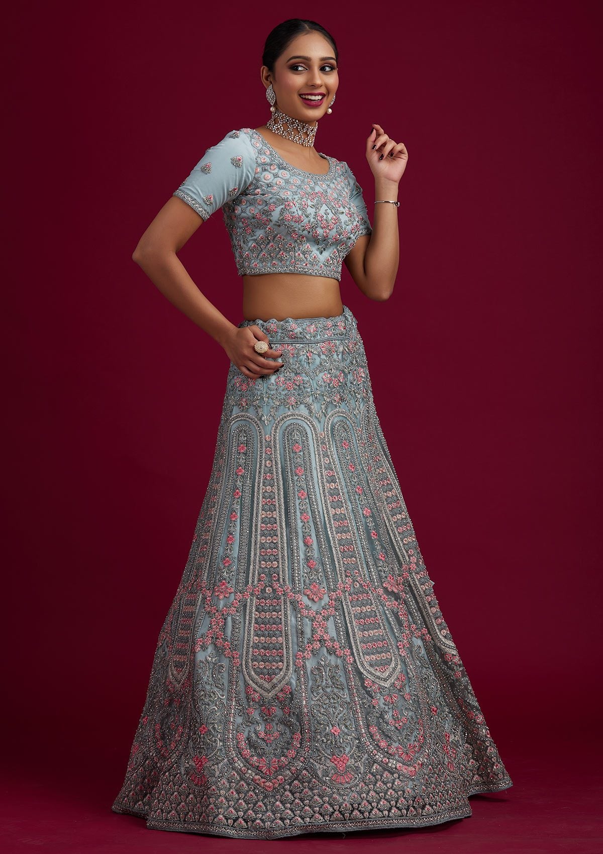 Light Grey Threadwork Net Designer Semi-Stitched Lehenga - koskii
