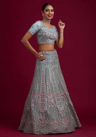 Light Grey Threadwork Net Designer Semi-Stitched Lehenga - koskii
