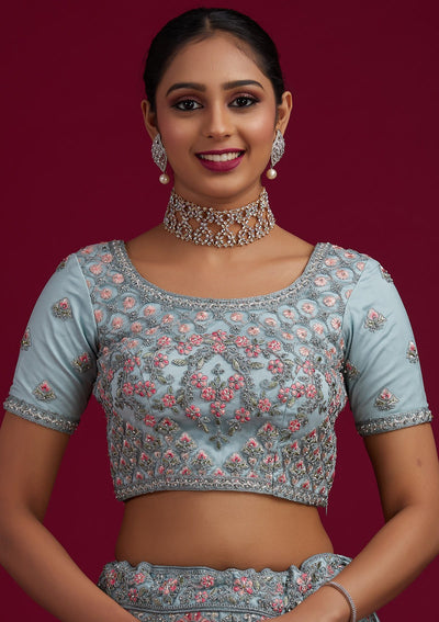 Light Grey Threadwork Net Designer Semi-Stitched Lehenga - koskii