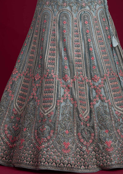 Light Grey Threadwork Net Designer Semi-Stitched Lehenga - koskii