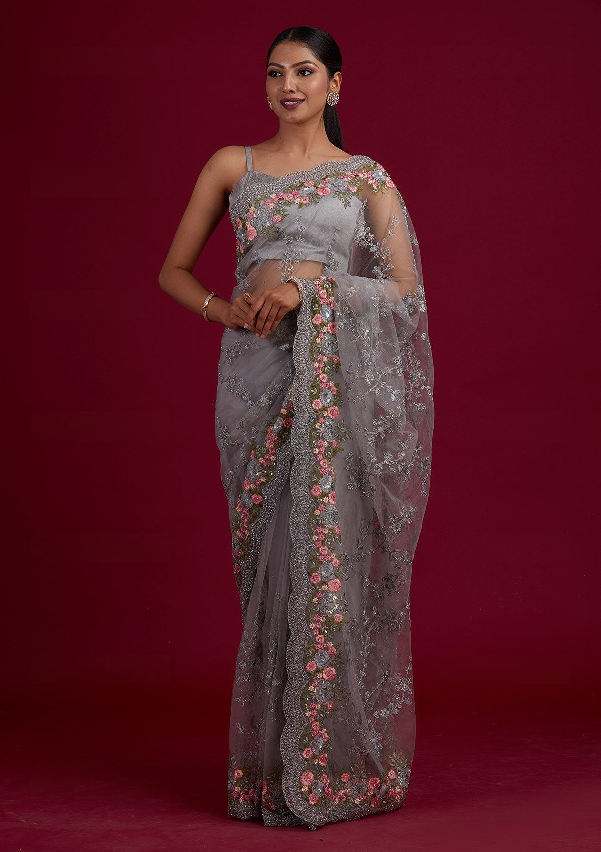 Full sequence Light Grey Designer Saree with Pink Blouse