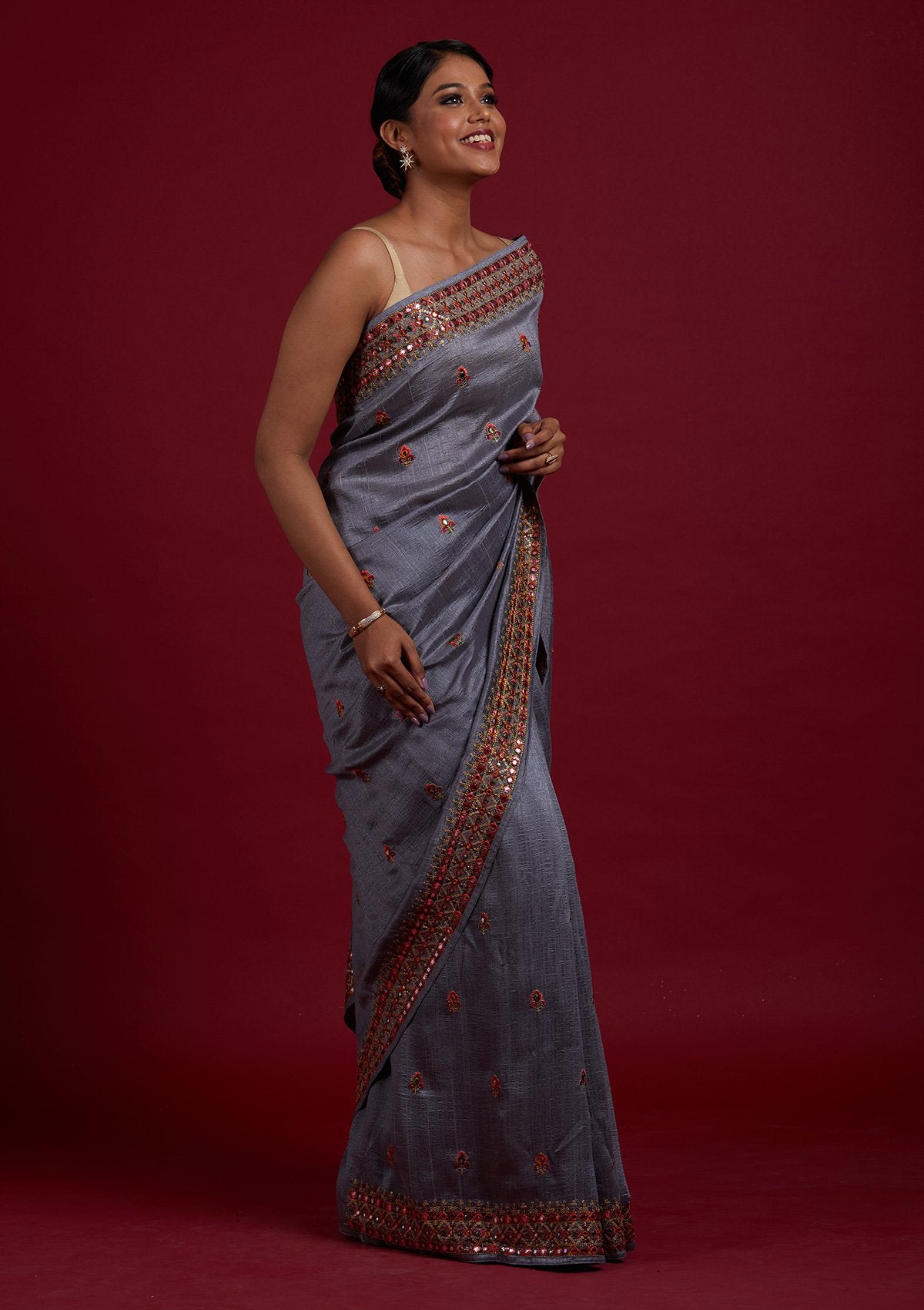 Gray Color Soft Raw Silk Saree with Checks Blouse – Bahuji - Premium Silk  Sarees Online Shopping Store