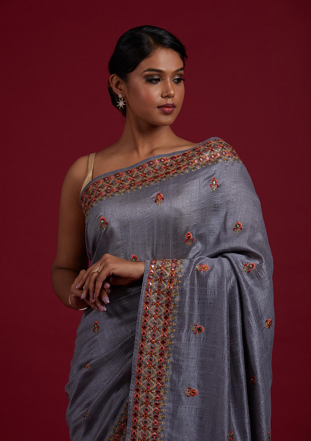 Silk Stone,embroidered Grey Saree with Blouse - SR23592