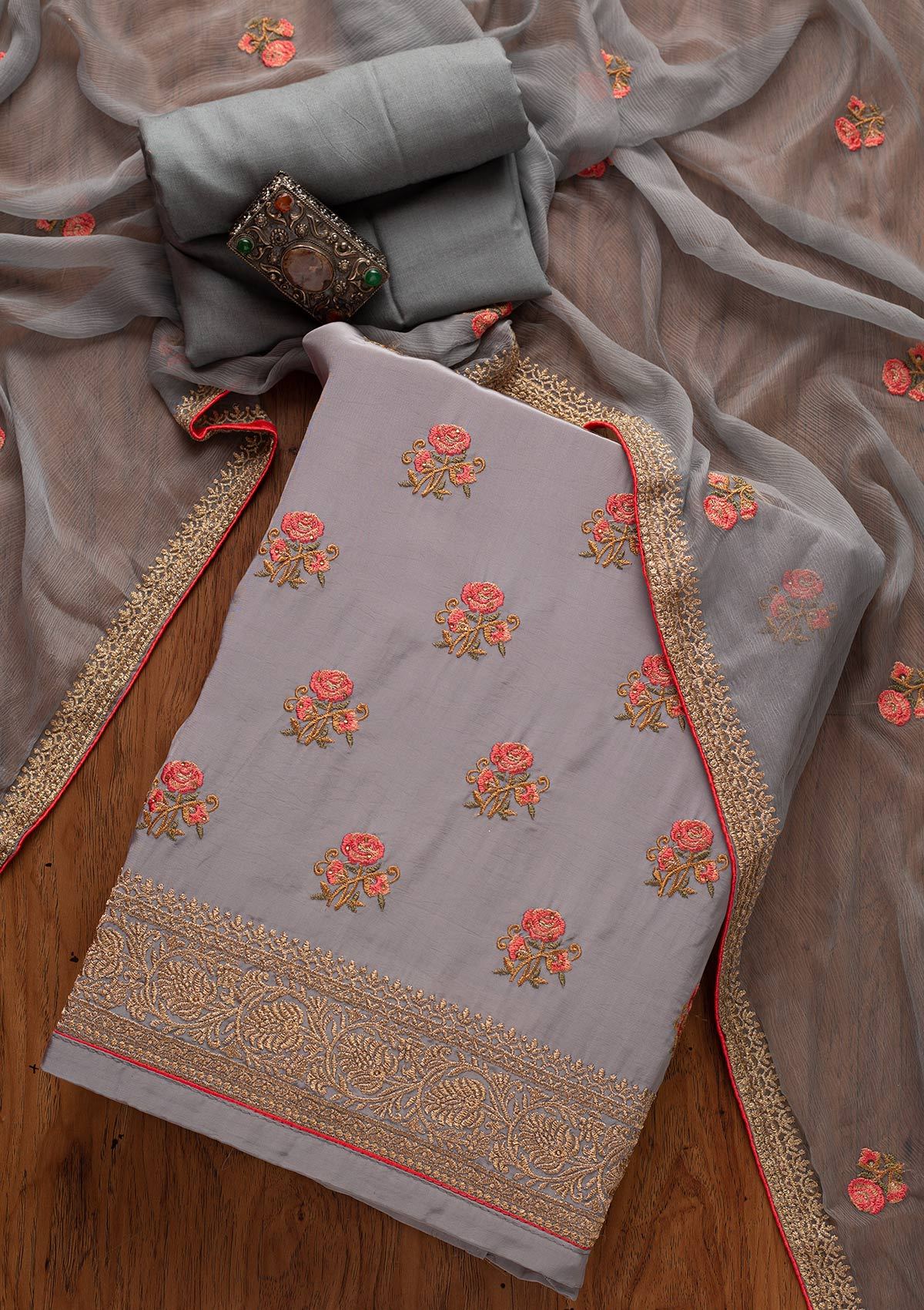 Light Grey Threadwork Satin Designer Unstitched Salwar Suit - koskii