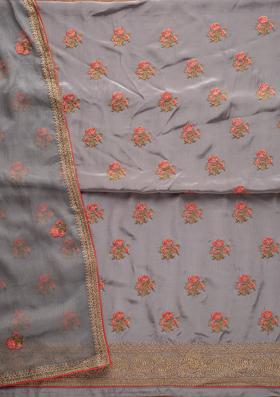 Light Grey Threadwork Satin Designer Unstitched Salwar Suit - koskii