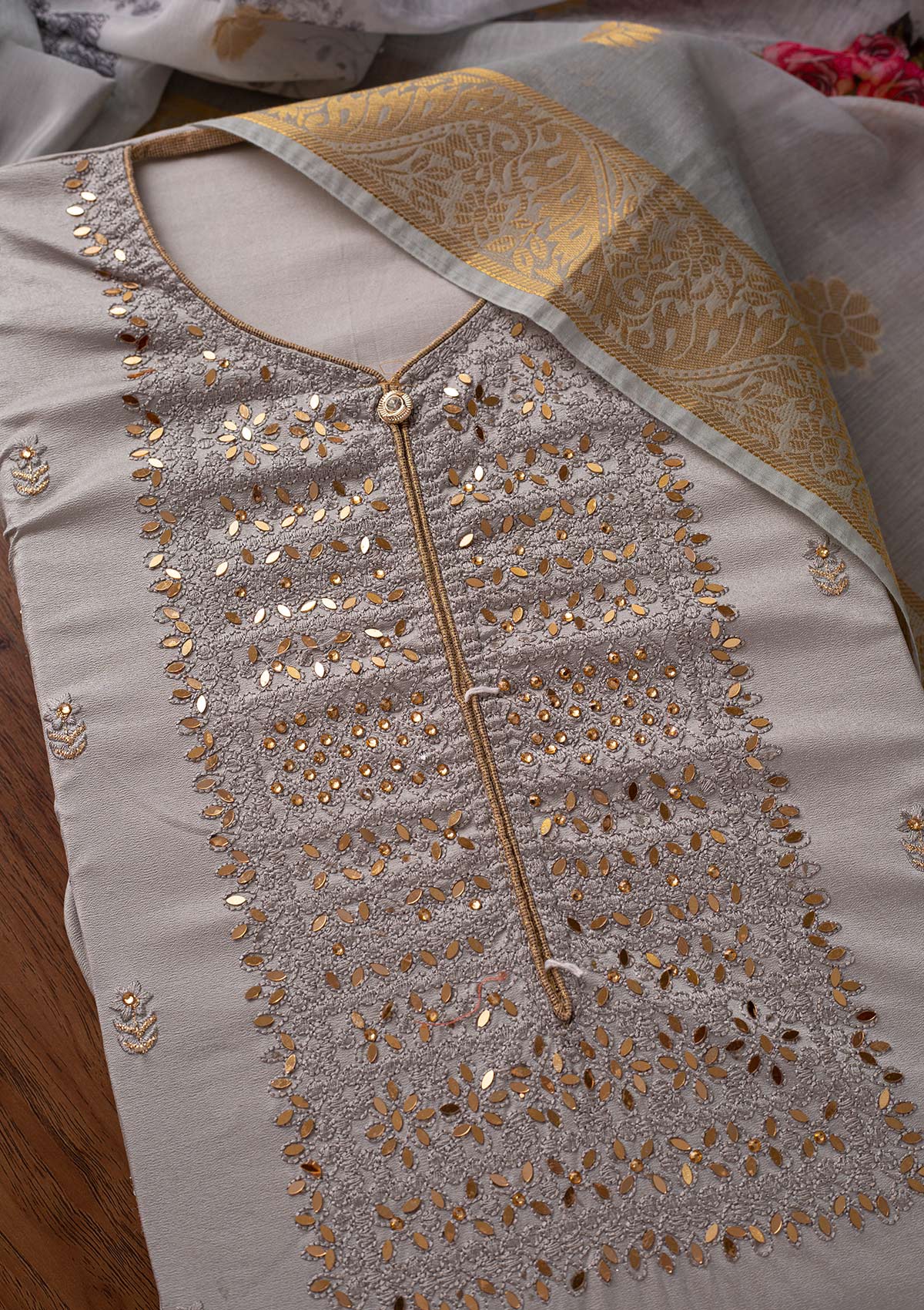 Light Grey Threadwork Semi Crepe Designer Unstitched Salwar Suit - koskii
