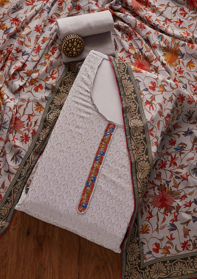Light Grey Threadwork Semi Crepe Designer Unstitched Salwar Suit - Koskii