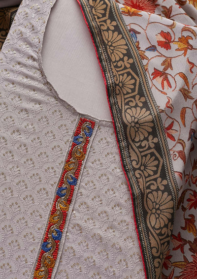 Light Grey Threadwork Semi Crepe Designer Unstitched Salwar Suit - Koskii