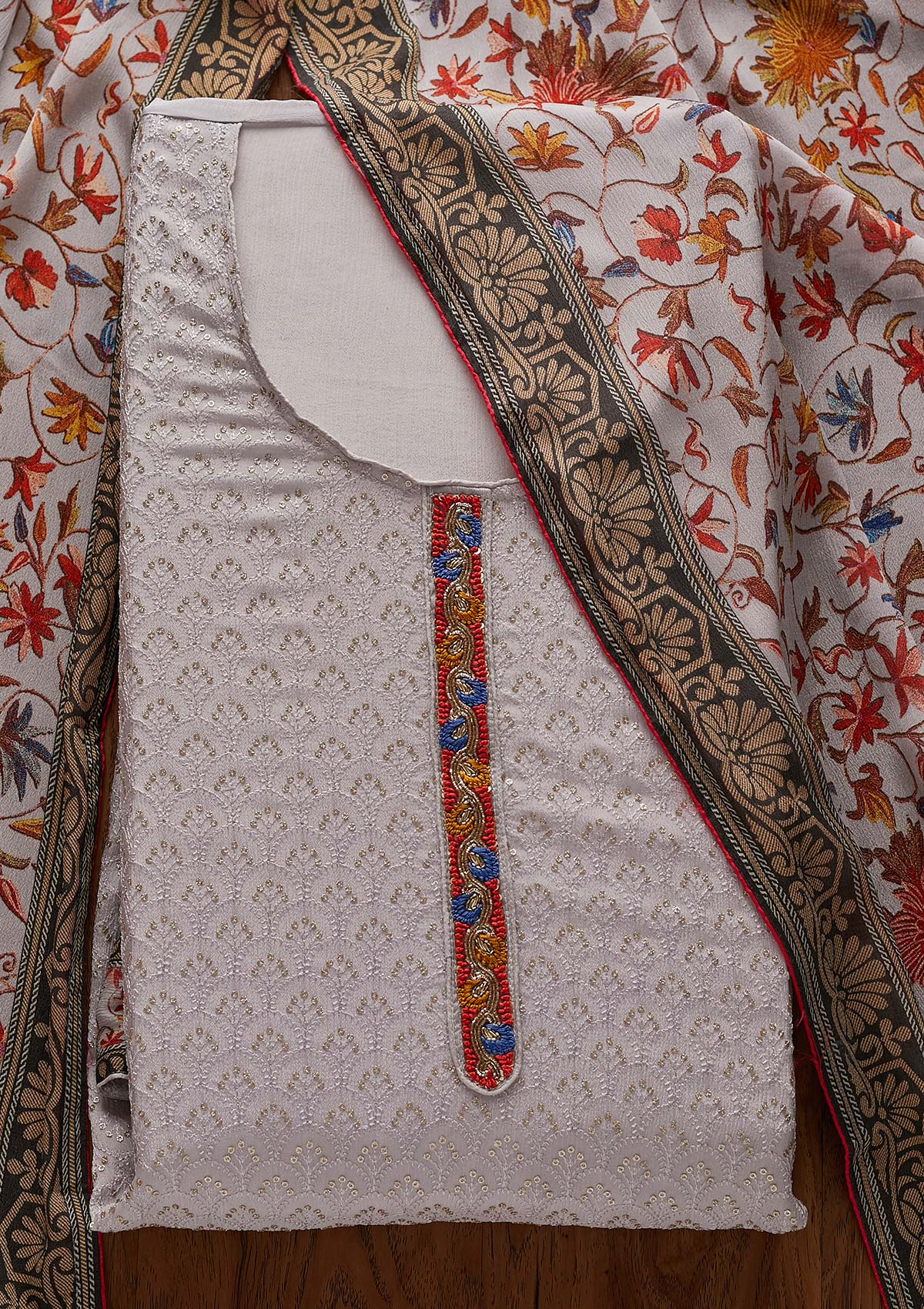 Light Grey Threadwork Semi Crepe Designer Unstitched Salwar Suit - Koskii