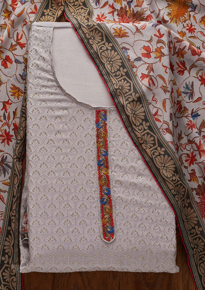 Light Grey Threadwork Semi Crepe Designer Unstitched Salwar Suit - Koskii