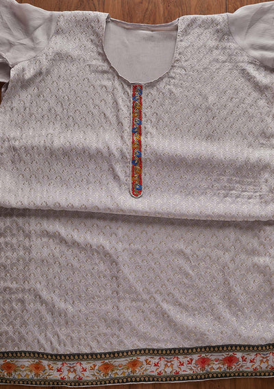 Light Grey Threadwork Semi Crepe Designer Unstitched Salwar Suit - Koskii