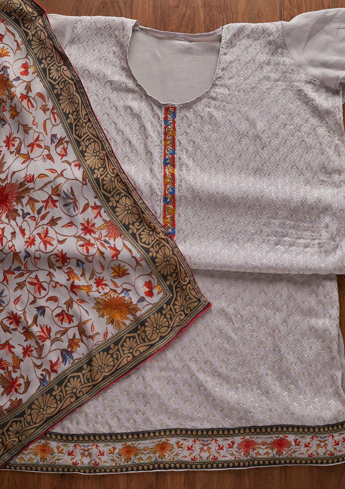 Light Grey Threadwork Semi Crepe Designer Unstitched Salwar Suit - Koskii