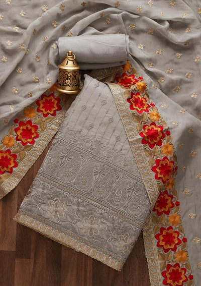Light Grey Threadwork Semi Crepe Designer Unstitched Salwar Suit - Koskii