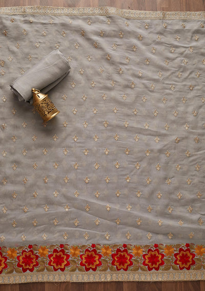 Light Grey Threadwork Semi Crepe Designer Unstitched Salwar Suit - Koskii