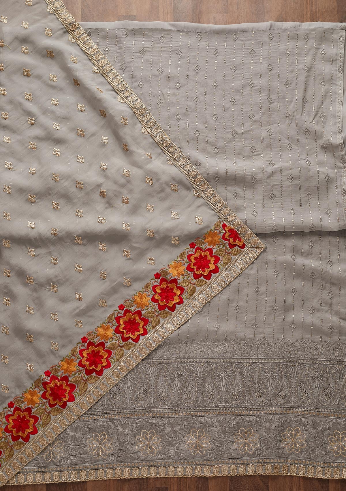 Light Grey Threadwork Semi Crepe Designer Unstitched Salwar Suit - Koskii