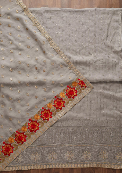 Light Grey Threadwork Semi Crepe Designer Unstitched Salwar Suit - Koskii