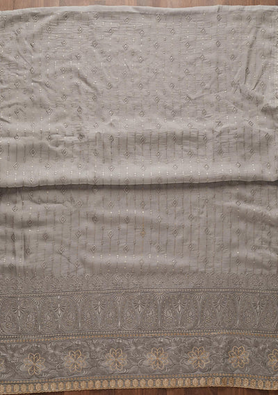Light Grey Threadwork Semi Crepe Designer Unstitched Salwar Suit - Koskii