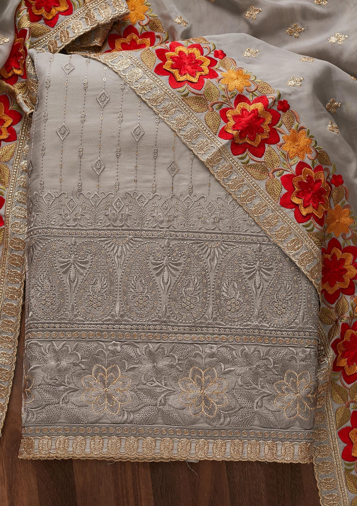 Light Grey Threadwork Semi Crepe Designer Unstitched Salwar Suit - Koskii