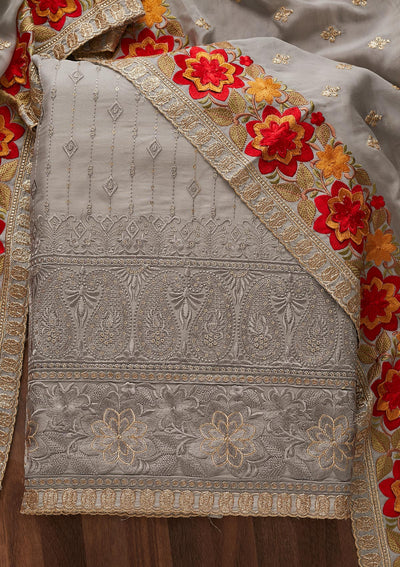 Light Grey Threadwork Semi Crepe Designer Unstitched Salwar Suit - Koskii