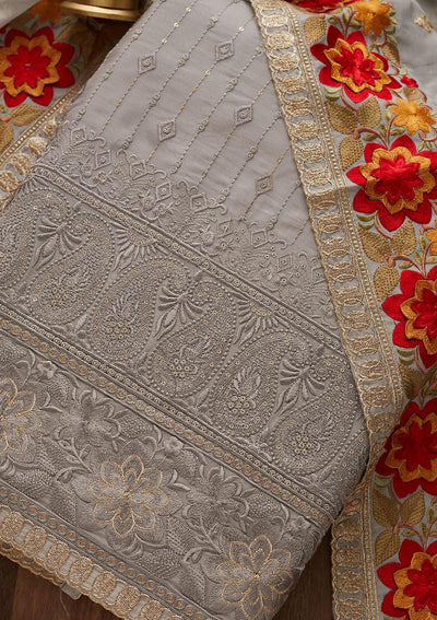 Light Grey Threadwork Semi Crepe Designer Unstitched Salwar Suit - Koskii