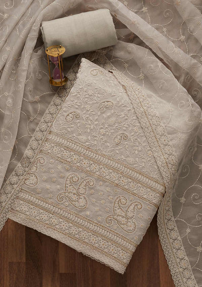 Light Grey Threadwork Tissue Unstitched Salwar Suit-Koskii