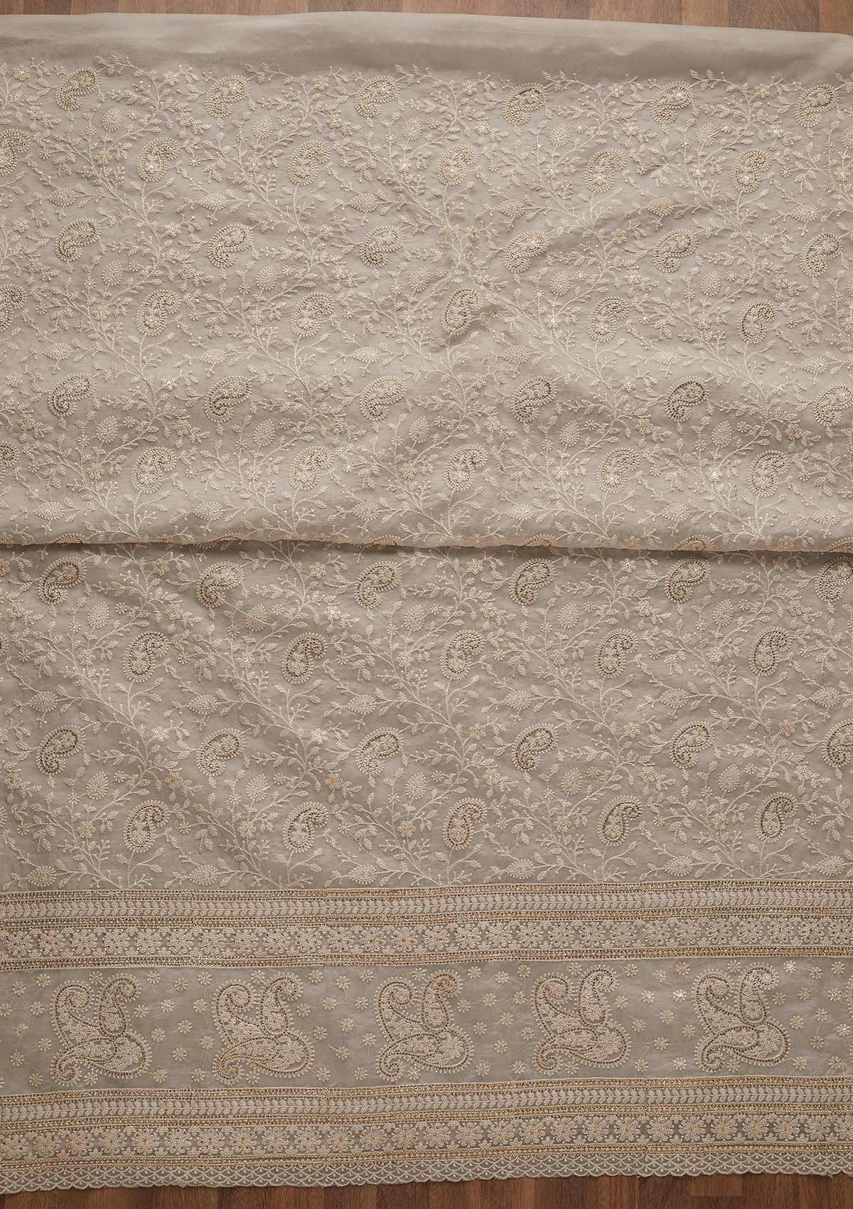 Light Grey Threadwork Tissue Unstitched Salwar Suit-Koskii