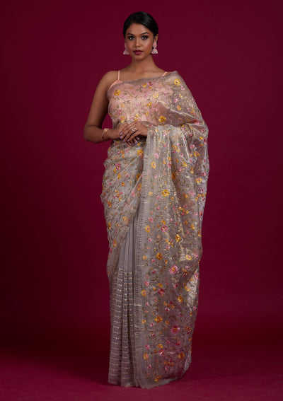 Light Grey Threadwork Tissue Designer Saree - Koskii