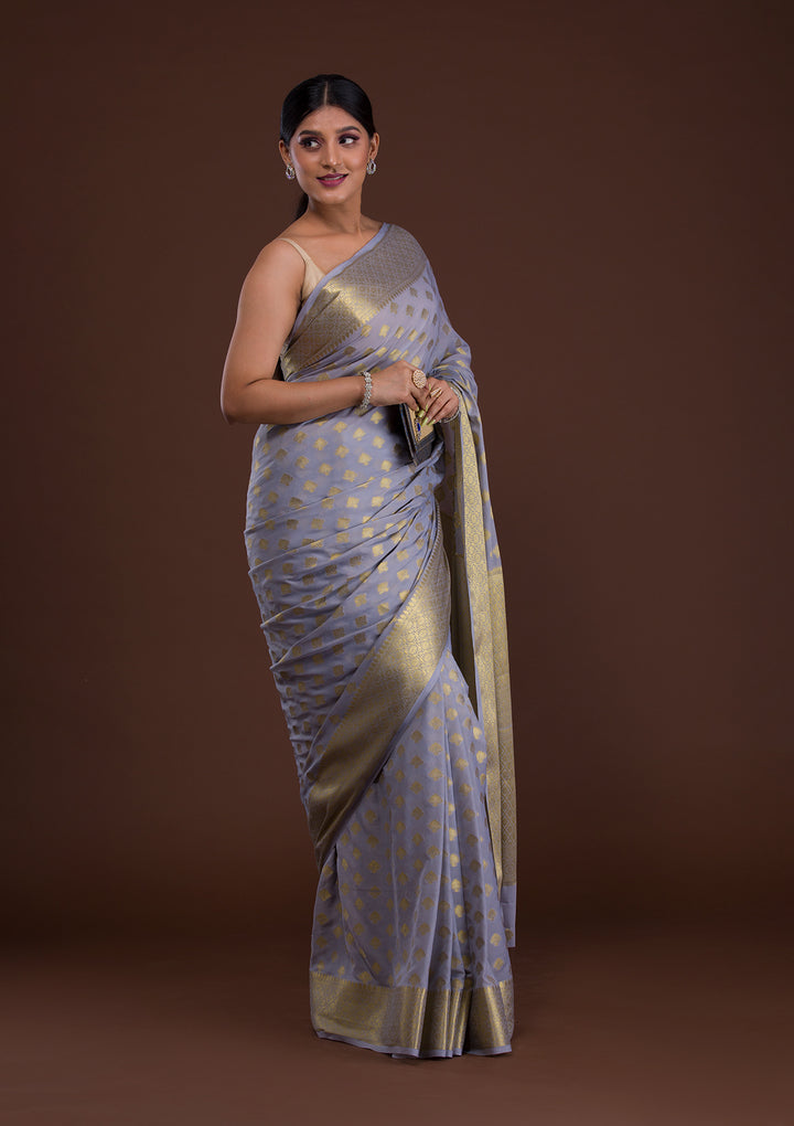 Light Grey Zariwork Art Silk Saree-Koskii