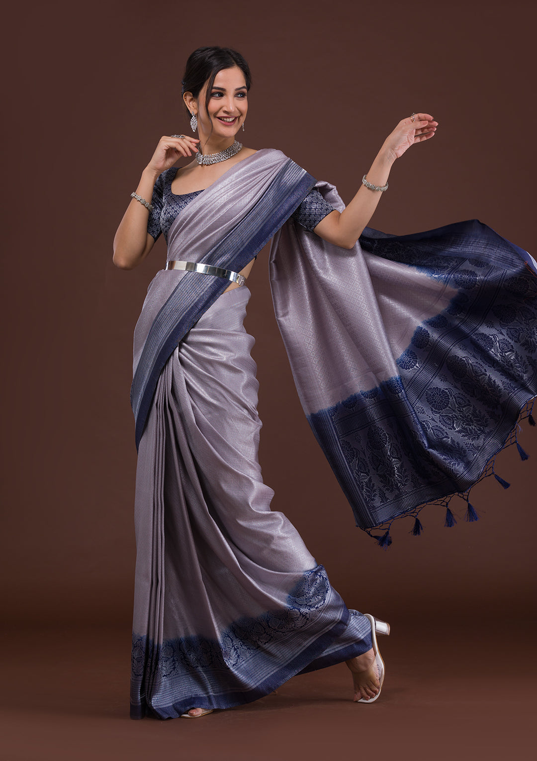 Light Grey Zariwork Art Silk Designer Saree-Koskii