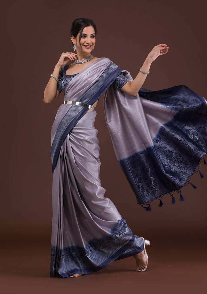 Light Grey Zariwork Art Silk Designer Saree-Koskii