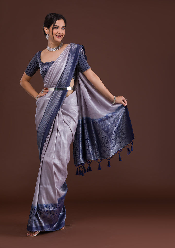 Light Grey Zariwork Art Silk Designer Saree-Koskii