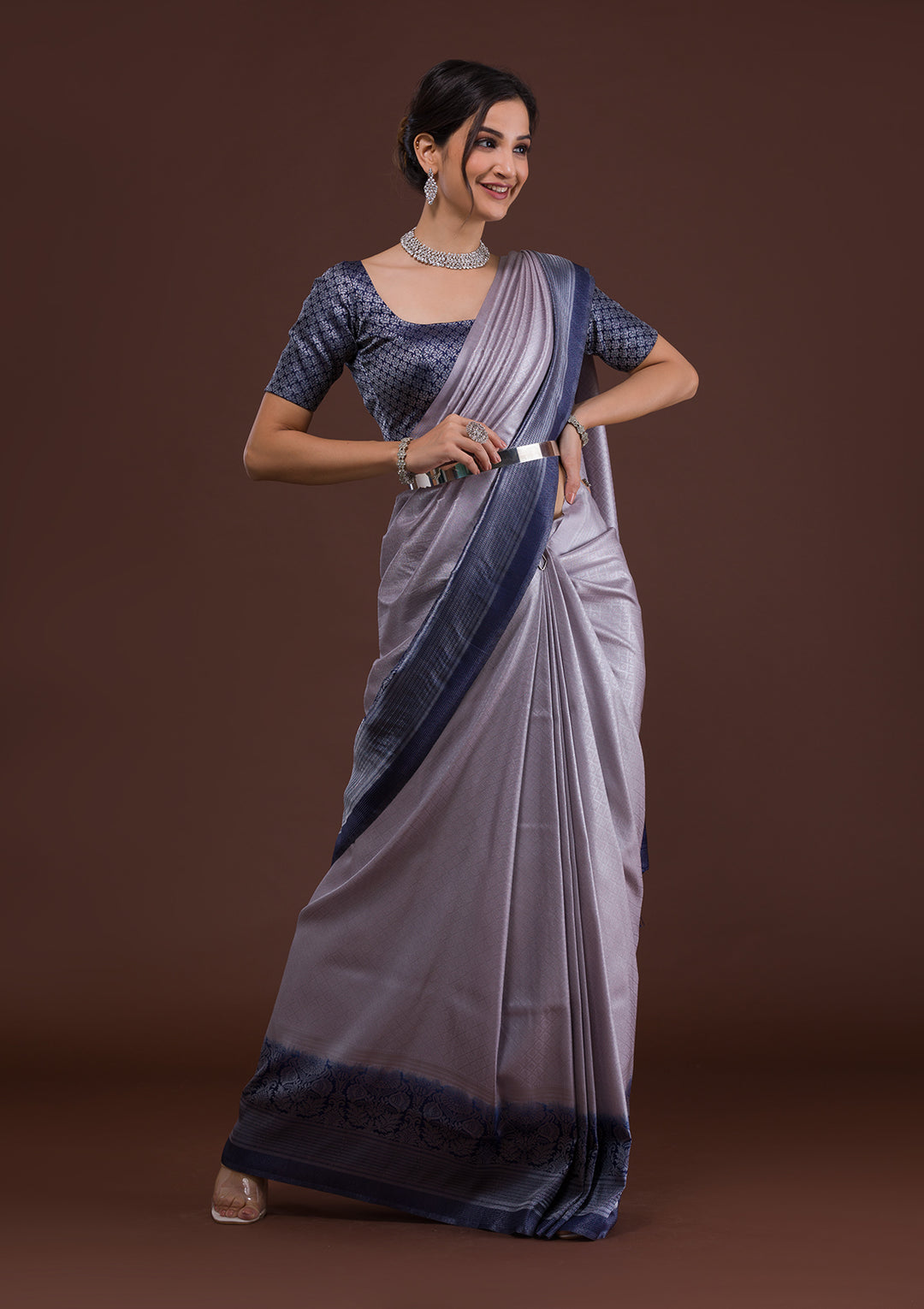 Light Grey Zariwork Art Silk Designer Saree-Koskii
