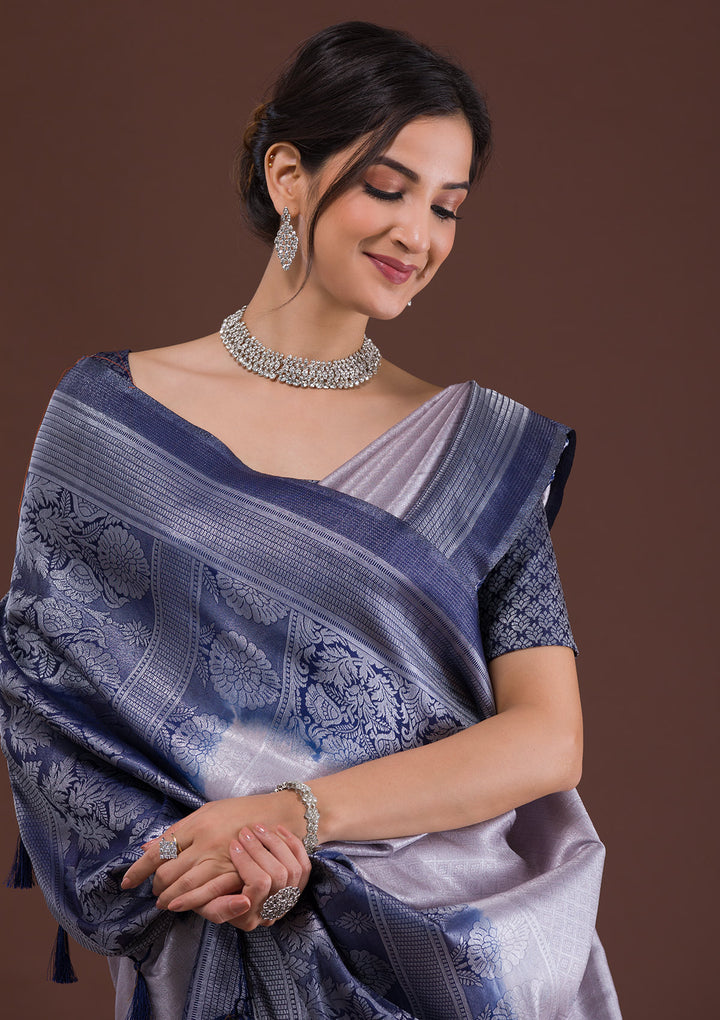 Light Grey Zariwork Art Silk Designer Saree-Koskii
