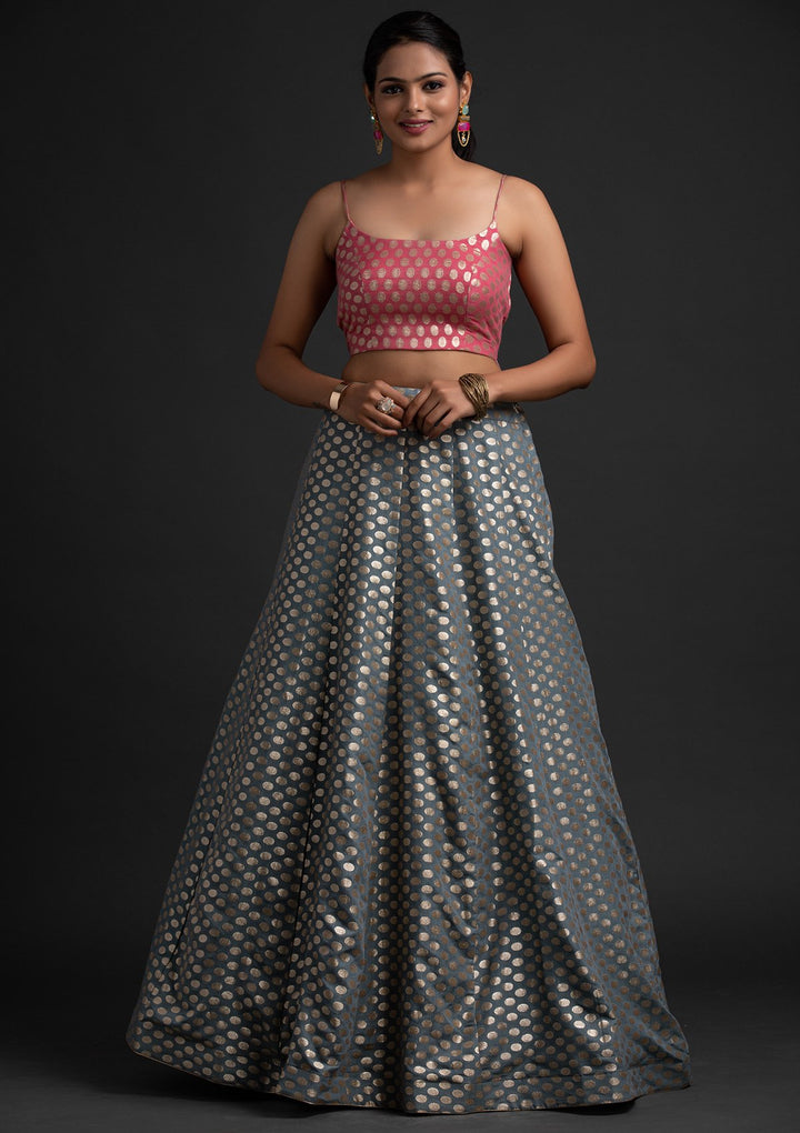 Light Grey Zariwork Banarasi Designer Skirt - koskii