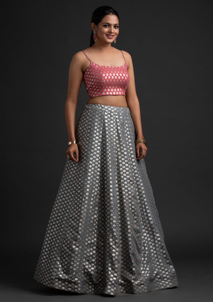 Light Grey Zariwork Banarasi Designer Skirt - koskii